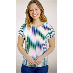 T by Talbots Ribbed Drop Shoulder Tee White Blue Green Stripe small Short Sleeve
